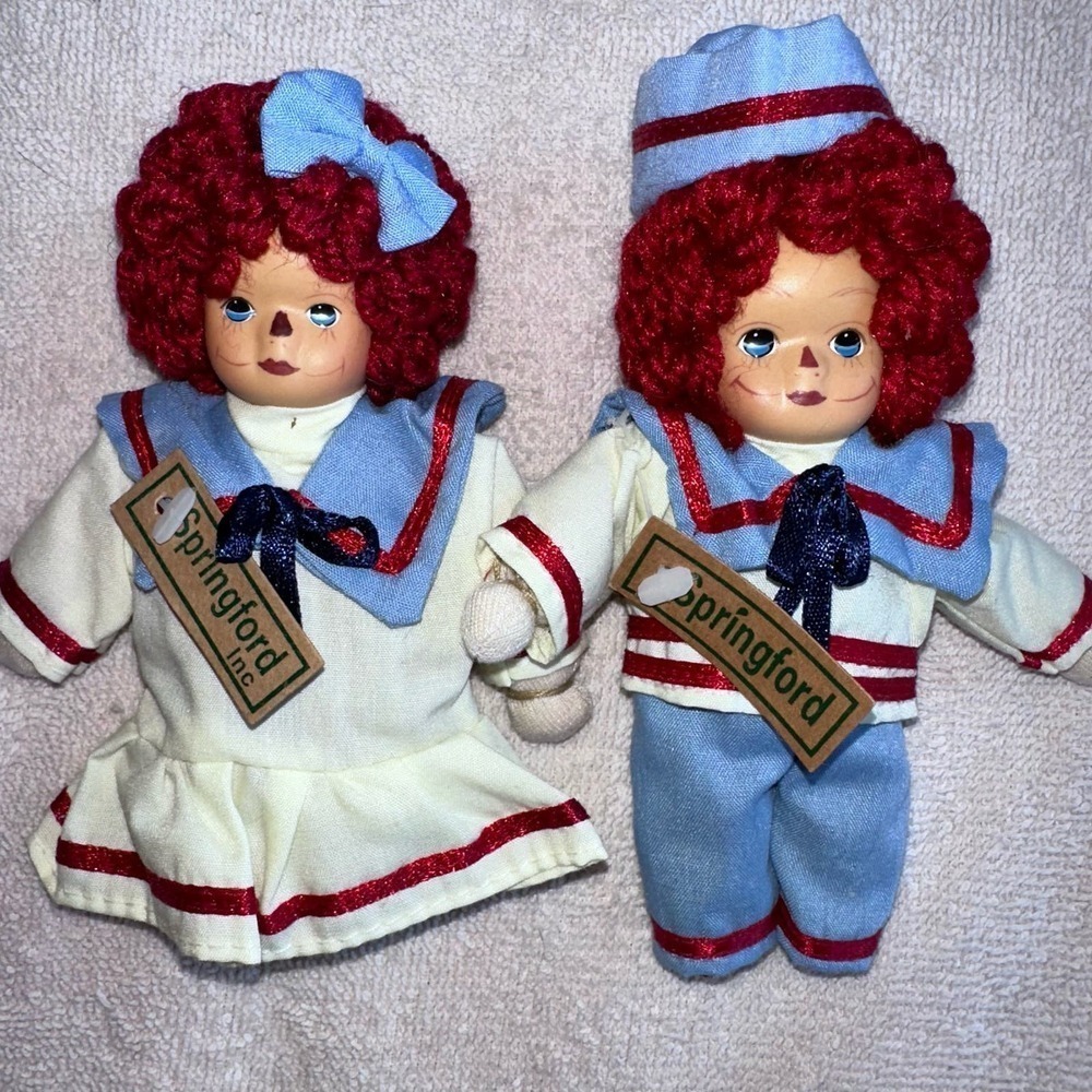 NOS Vintage Springford Raggedy Ann & Andy Porcelain Face Sailor Outfit Doll Set